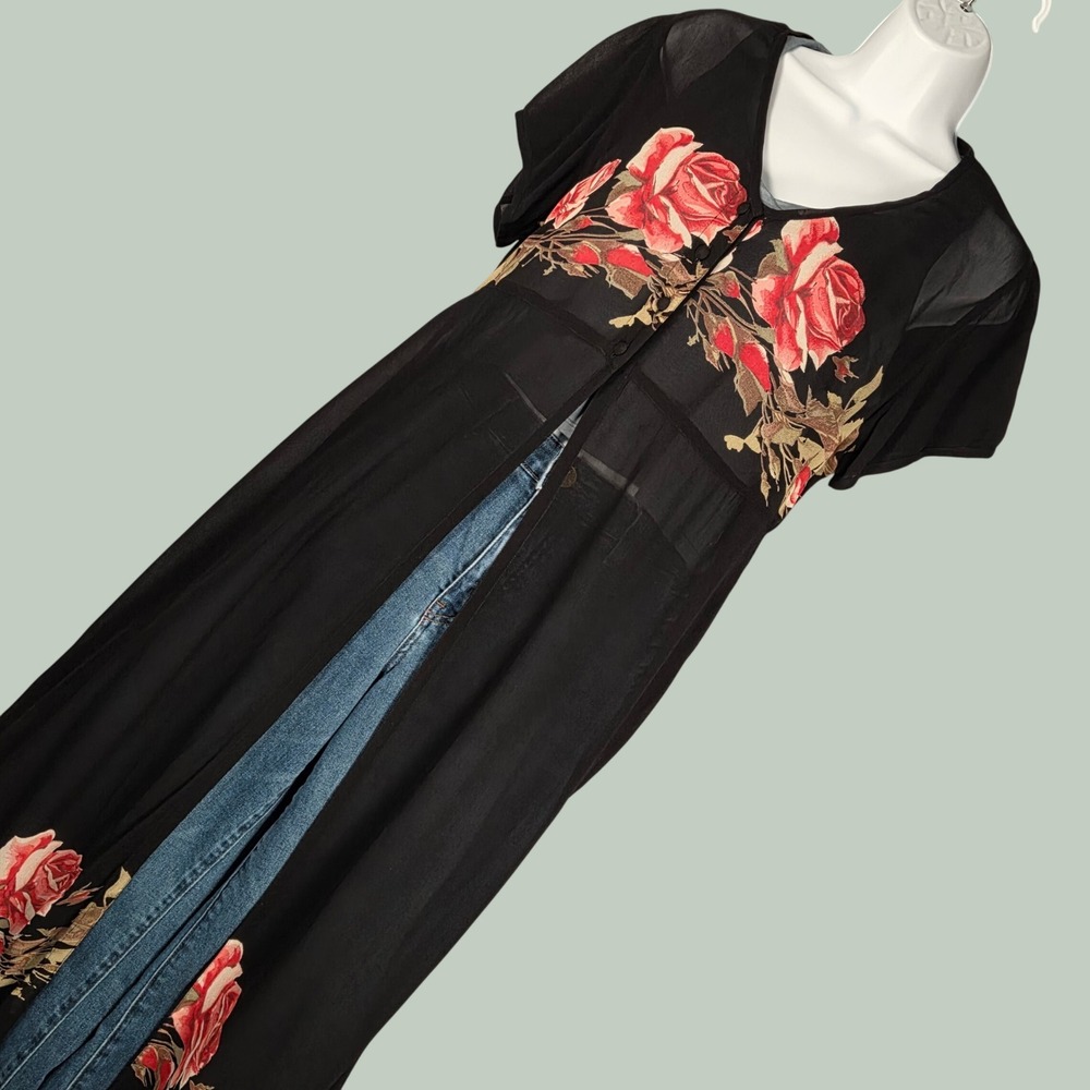 American Angel Women Small Sheer Floral Duster Blouse Rayon Black Vintage 90s